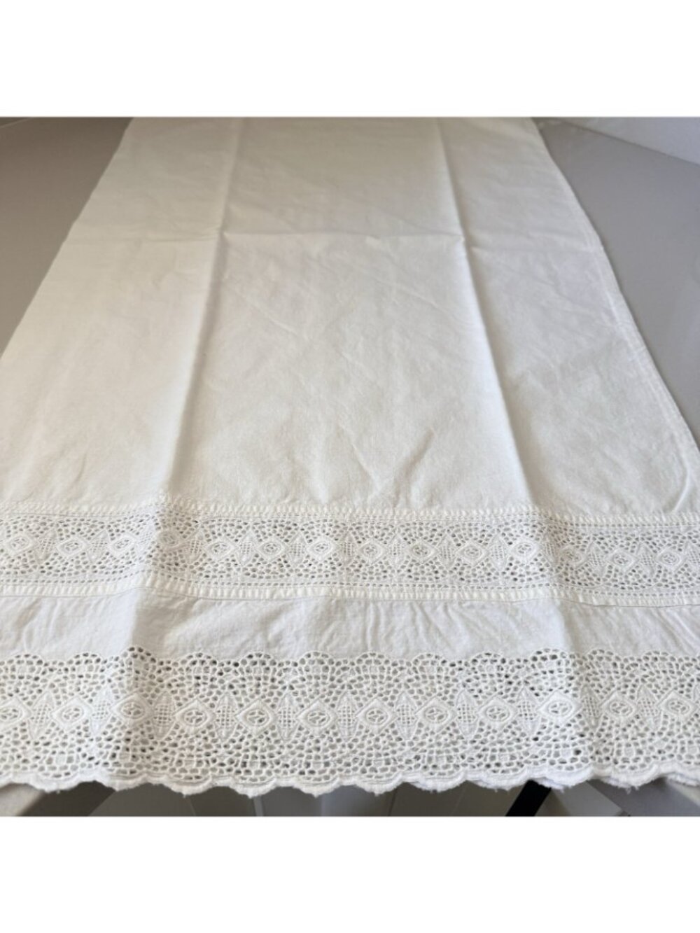 Vintage White 1 King Bedsheet And 2 King Shams Pillowcases Crochet Lace Borders - Picture 8 of 16